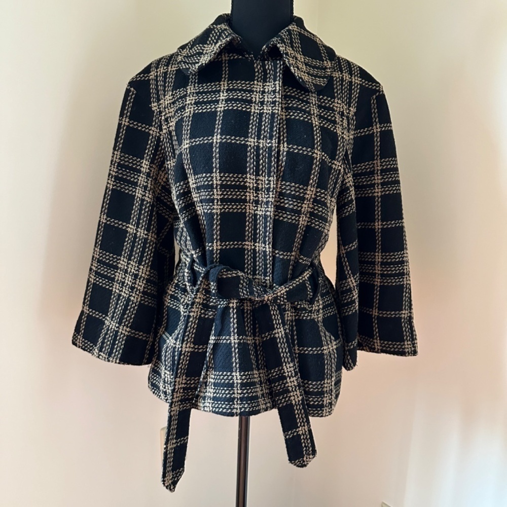 *FOCUS 2000* Black x Tan Plaid Tie-Waist Jacket Size 8